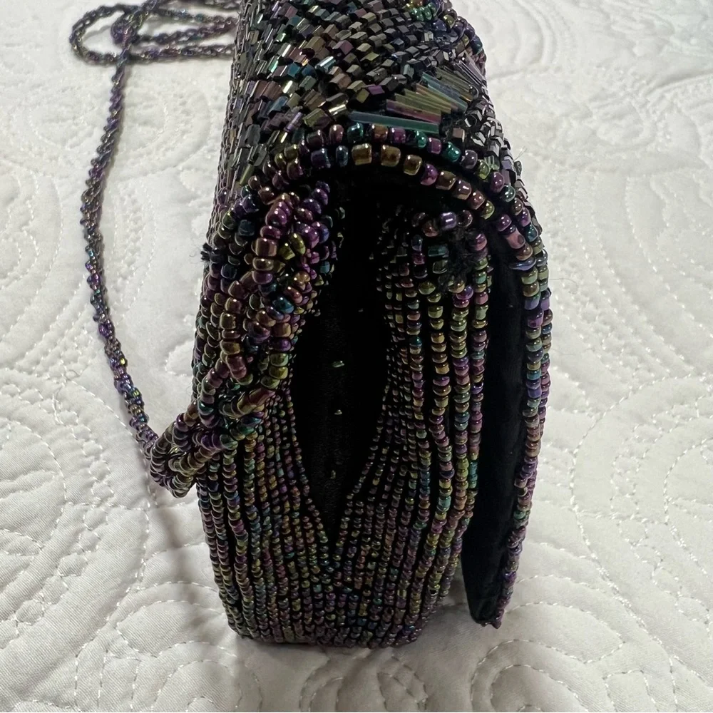 VTG Black Iridescent Beaded Evening Bag Clutch/Crossbody Purse 90s multi color